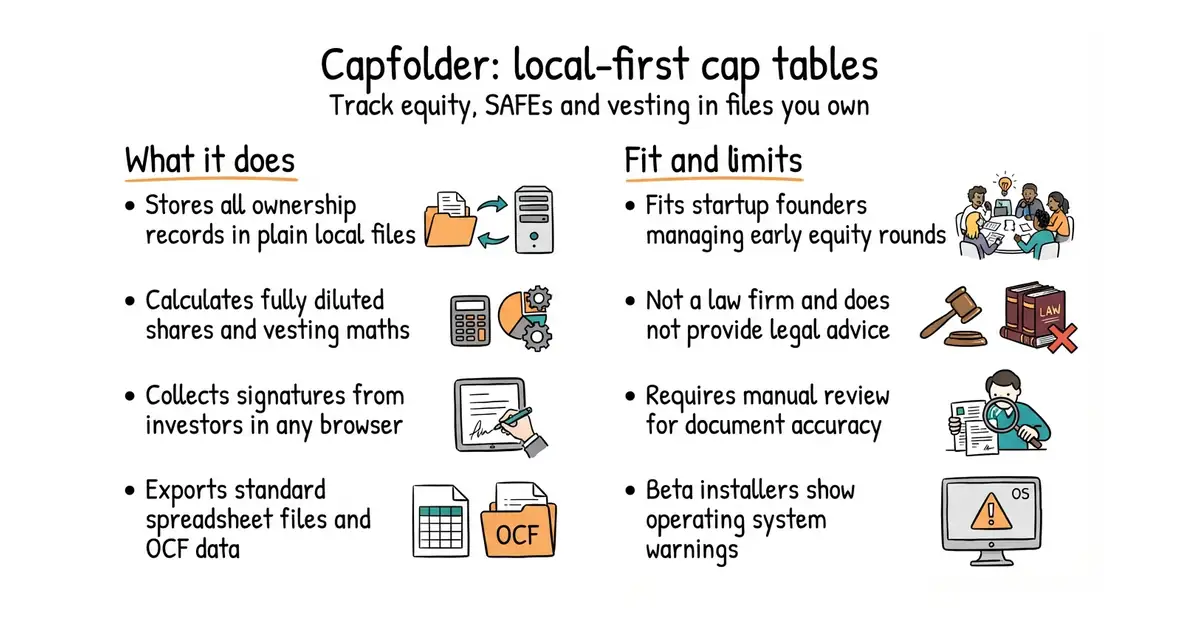 Capfolder: local-first cap tables. Track equity, SAFEs and vesting in files you own.