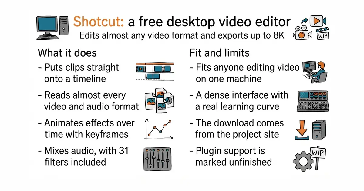 Shotcut: a free desktop video editor. Edits almost any video format and exports up to 8K.