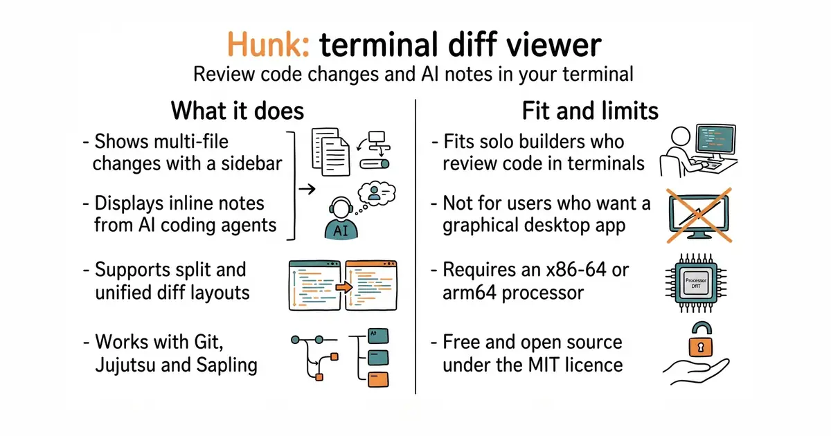 Hunk: terminal diff viewer. Review code changes and AI notes in your terminal.