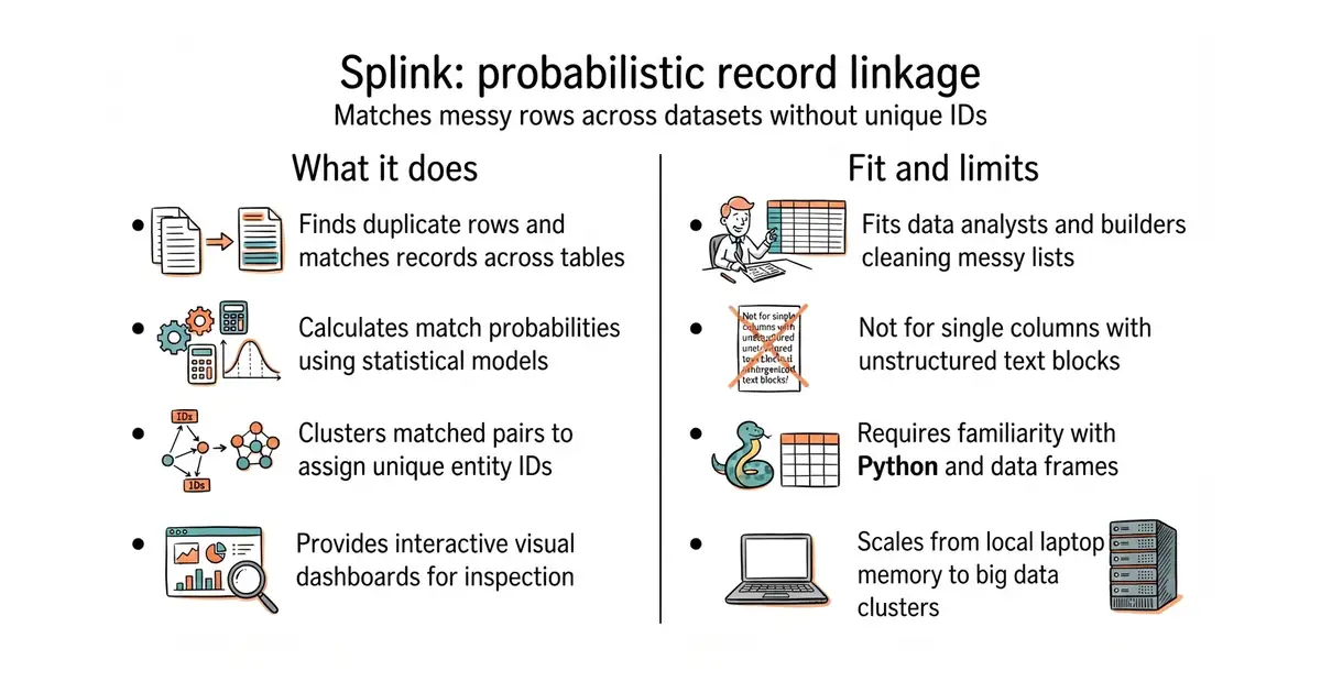 Splink: probabilistic record linkage. Matches messy rows across datasets without unique IDs.