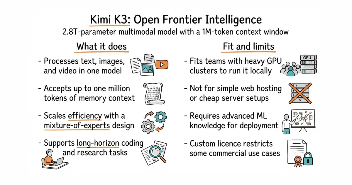 Kimi K3: Open Frontier Intelligence. 2.8T-parameter multimodal model with a 1M-token context window.