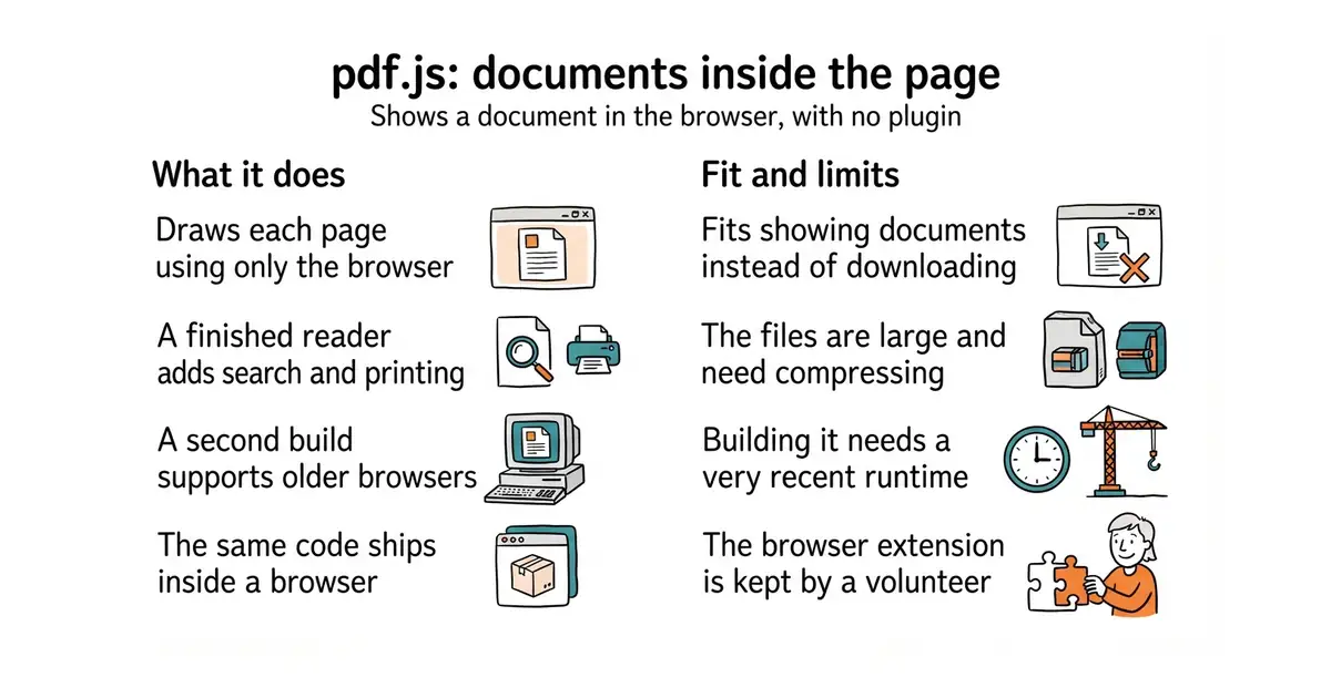 pdf.js: documents inside the page. Shows a document in the browser, with no plugin.