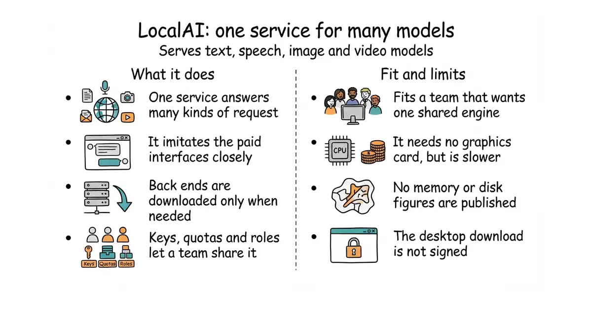 LocalAI: one service for many models. Serves text, speech, image and video models.
