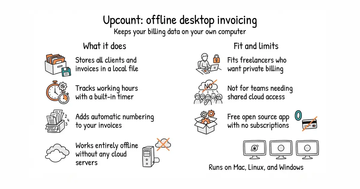 Upcount: offline desktop invoicing. Keeps your billing data on your own computer.