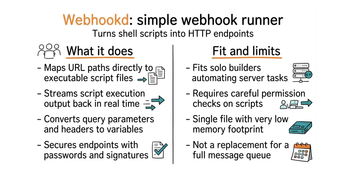 Webhookd: simple webhook runner. Turns shell scripts into HTTP endpoints.