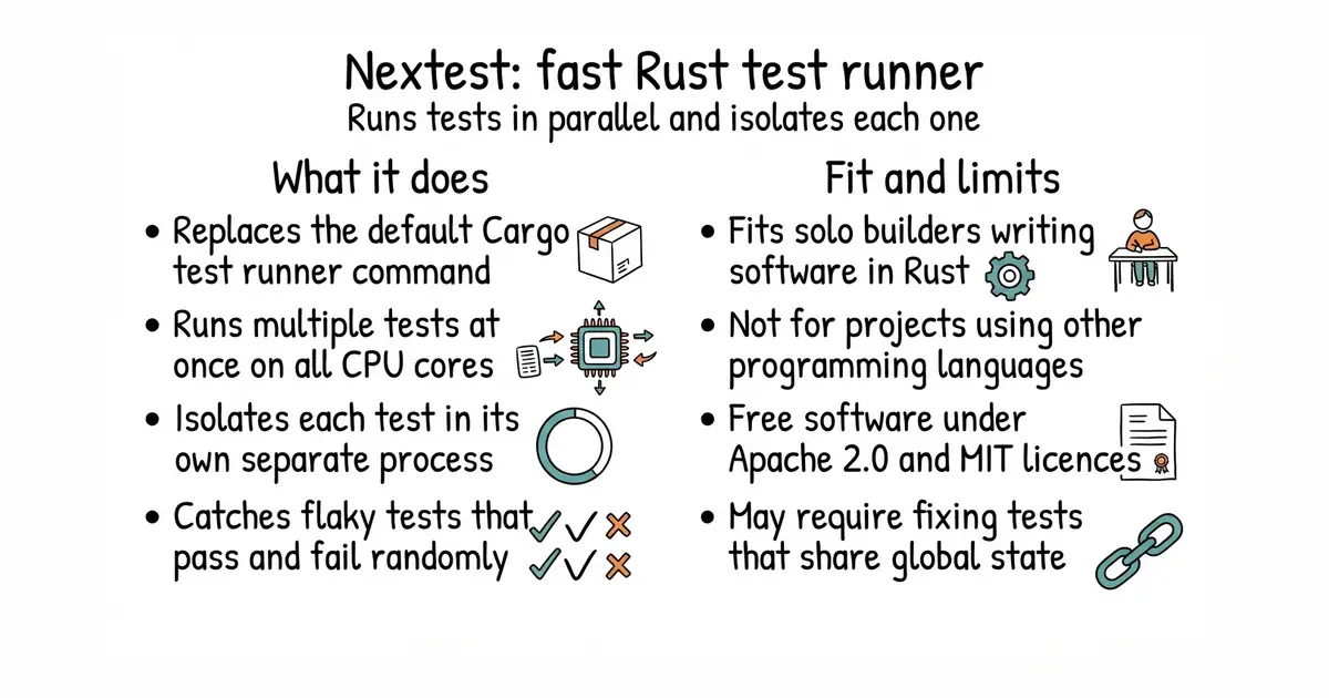 Nextest: fast Rust test runner. Runs tests in parallel and isolates each one.