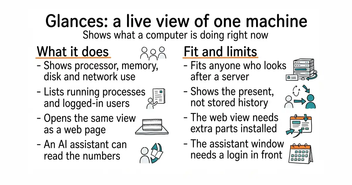 Glances: a live view of one machine. Shows what a computer is doing right now.