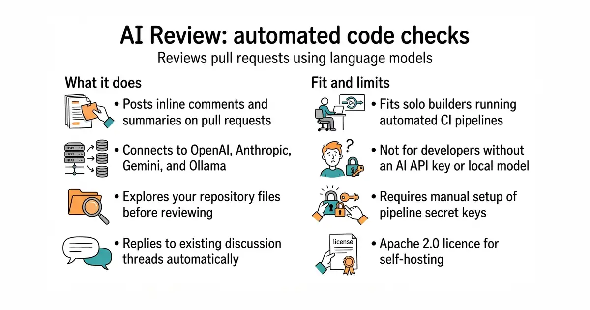 AI Review: automated code checks. Reviews pull requests using language models.