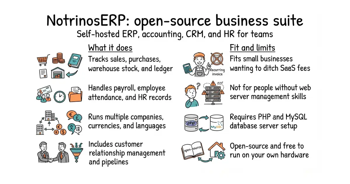 NotrinosERP: open-source business suite. Self-hosted ERP, accounting, CRM, and HR for teams.