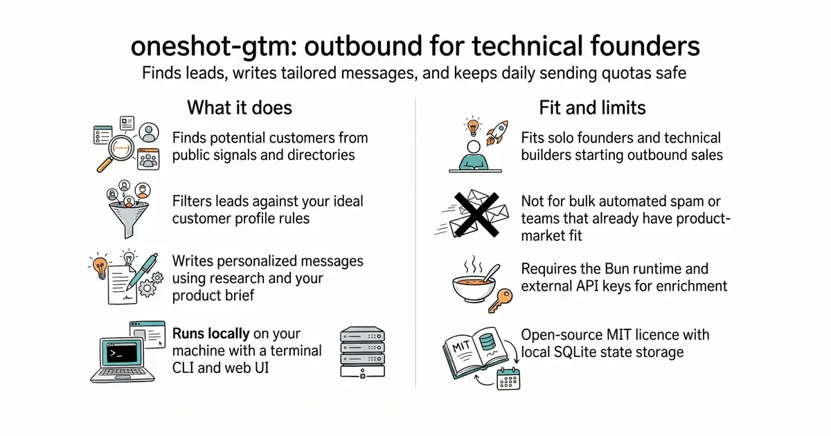oneshot-gtm: outbound for technical founders. Finds leads, writes tailored messages, and keeps daily sending quotas safe.