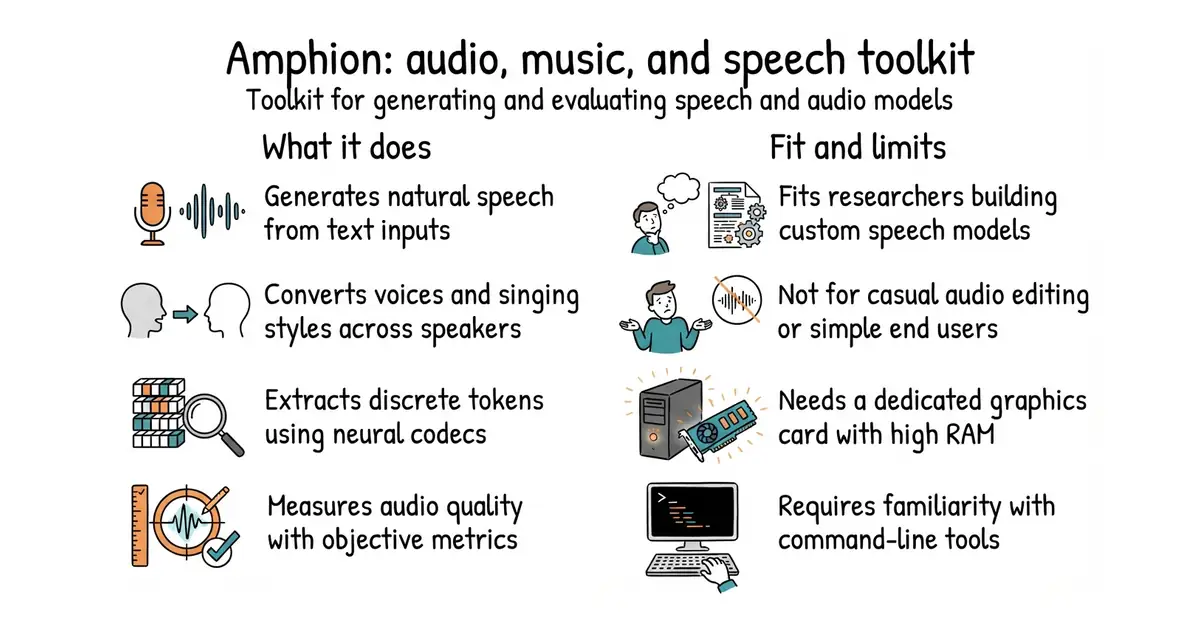 Amphion: audio, music, and speech toolkit. Toolkit for generating and evaluating speech and audio models.