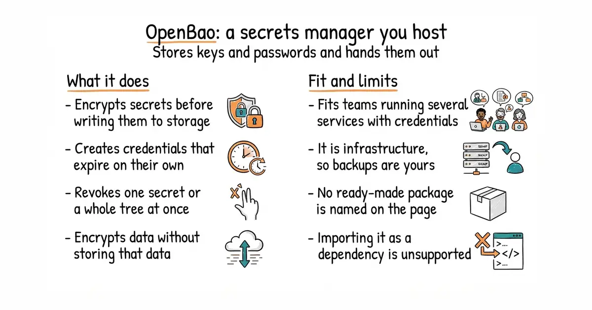 OpenBao: a secrets manager you host. Stores keys and passwords and hands them out.