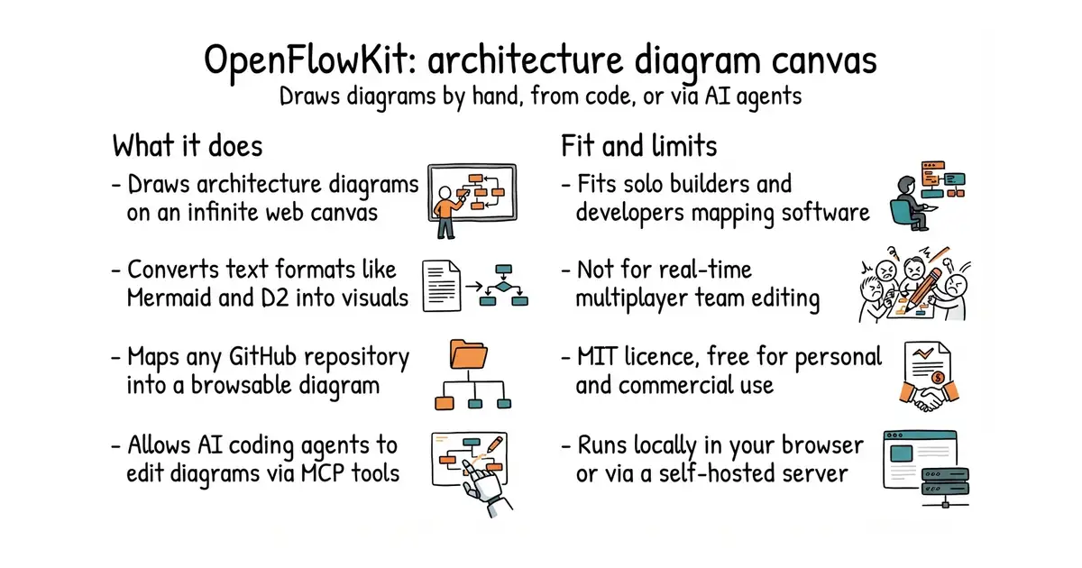 OpenFlowKit: architecture diagram canvas. Draws diagrams by hand, from code, or via AI agents.