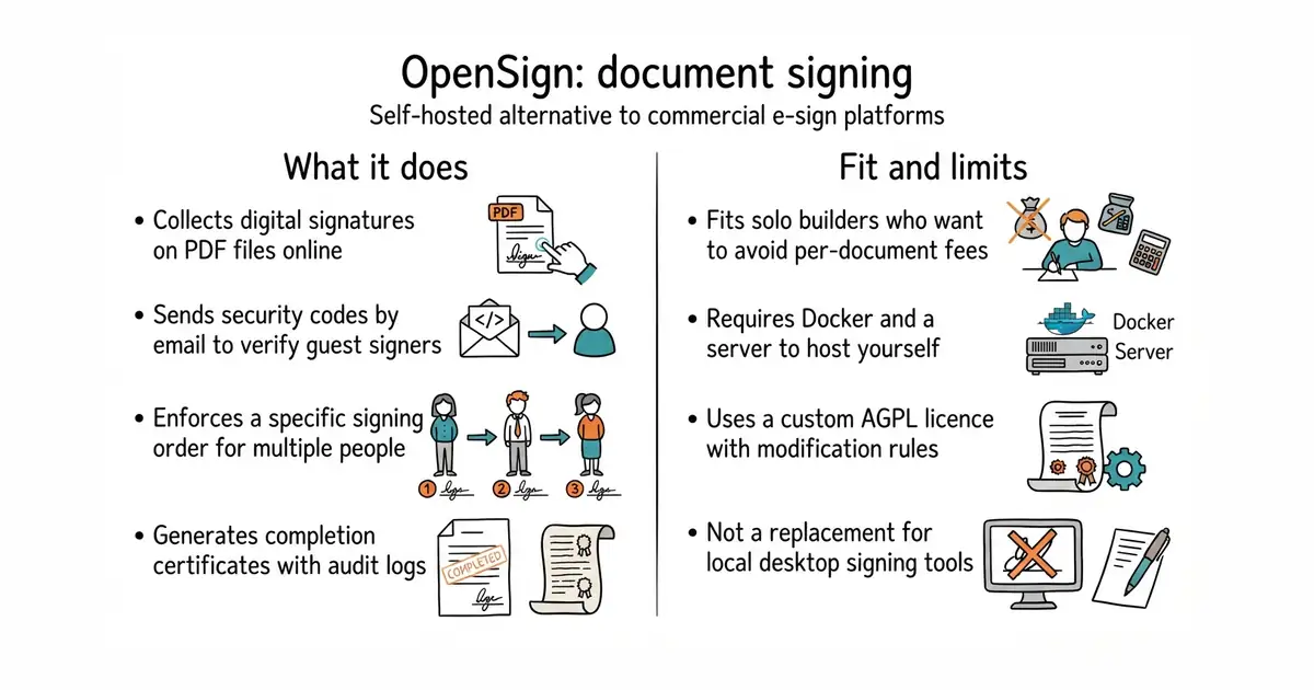 OpenSign: document signing. Self-hosted alternative to commercial e-sign platforms.