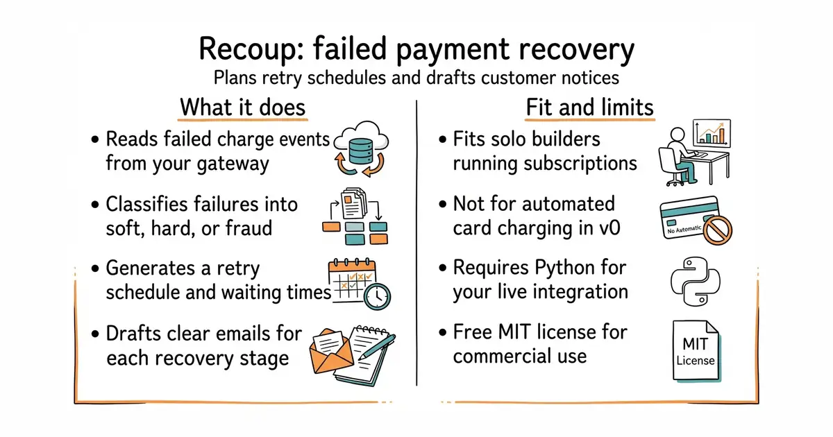 Recoup: failed payment recovery. Plans retry schedules and drafts customer notices.