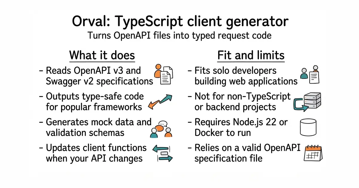 Orval: TypeScript client generator. Turns OpenAPI files into typed request code.