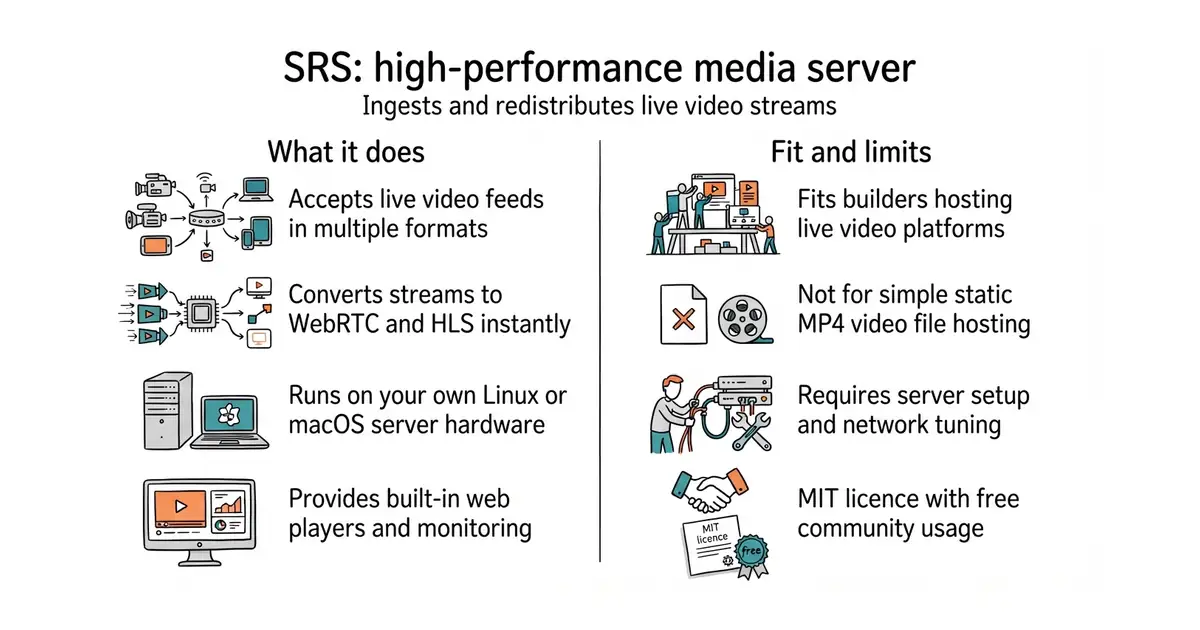 SRS: high-performance media server. Ingests and redistributes live video streams.