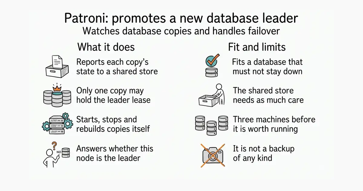 Patroni: promotes a new database leader. Watches database copies and handles failover.