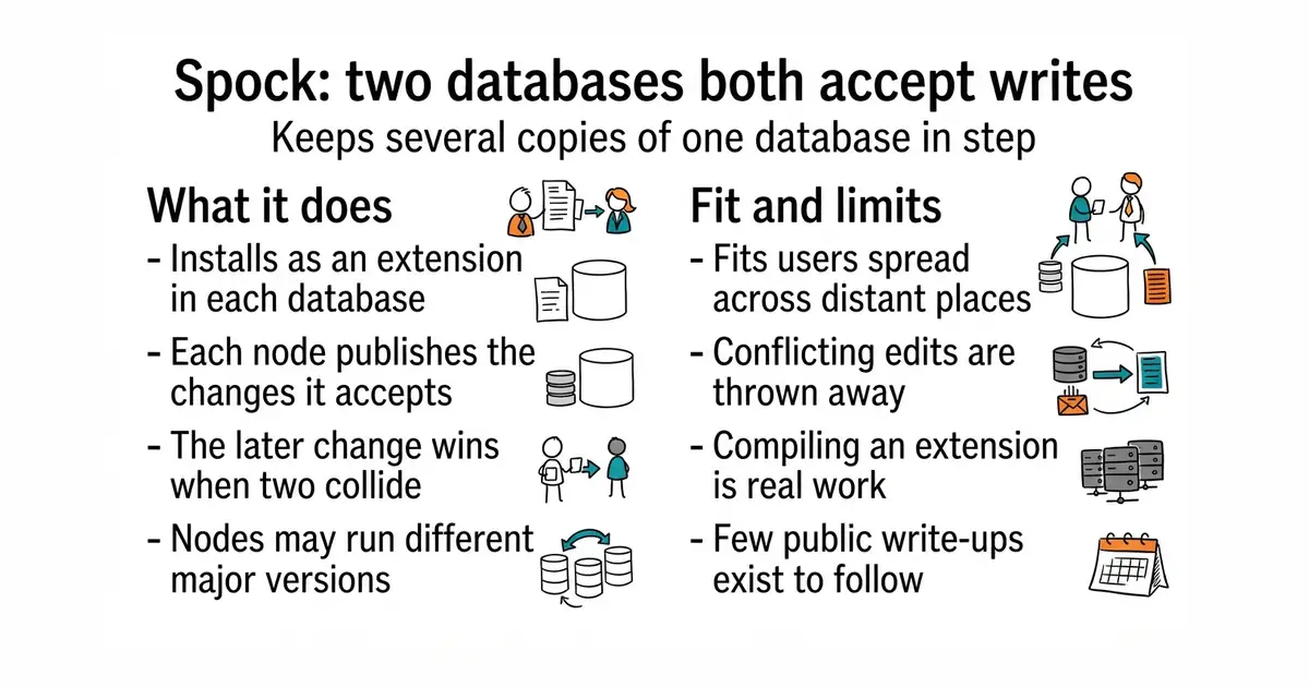 Spock: two databases both accept writes. Keeps several copies of one database in step.