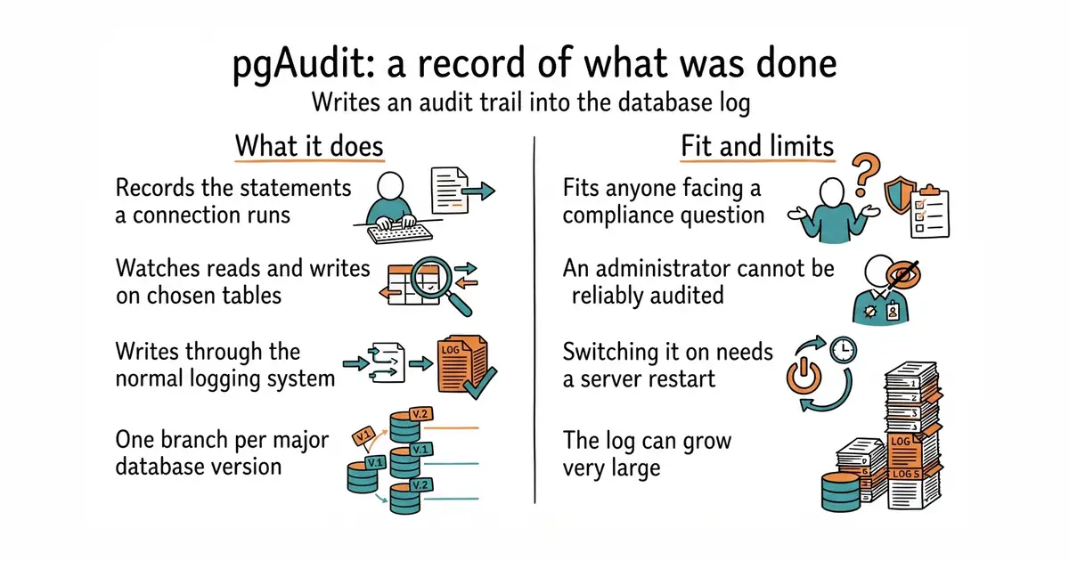 pgAudit: a record of what was done. Writes an audit trail into the database log.