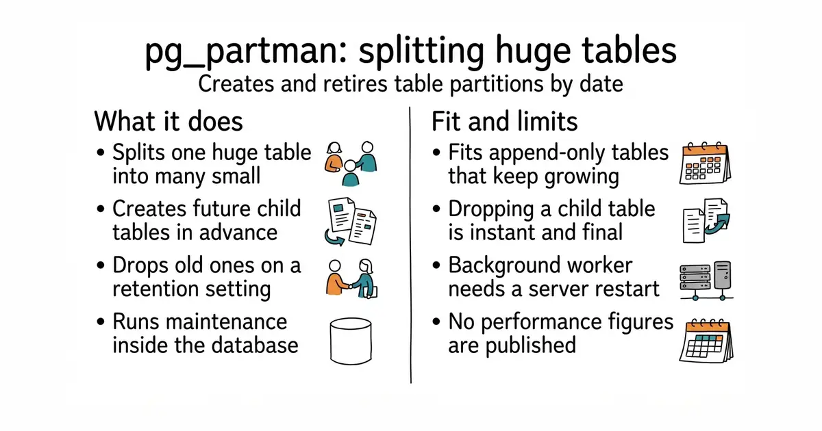 pg_partman: splitting huge tables. Creates and retires table partitions by date.