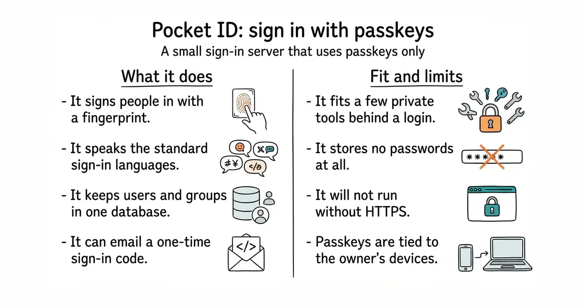 Pocket ID: sign in with passkeys. A small sign-in server that uses passkeys only.