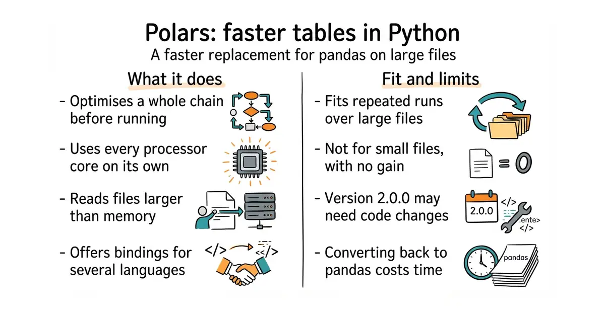Polars: faster tables in Python. A faster replacement for pandas on large files.