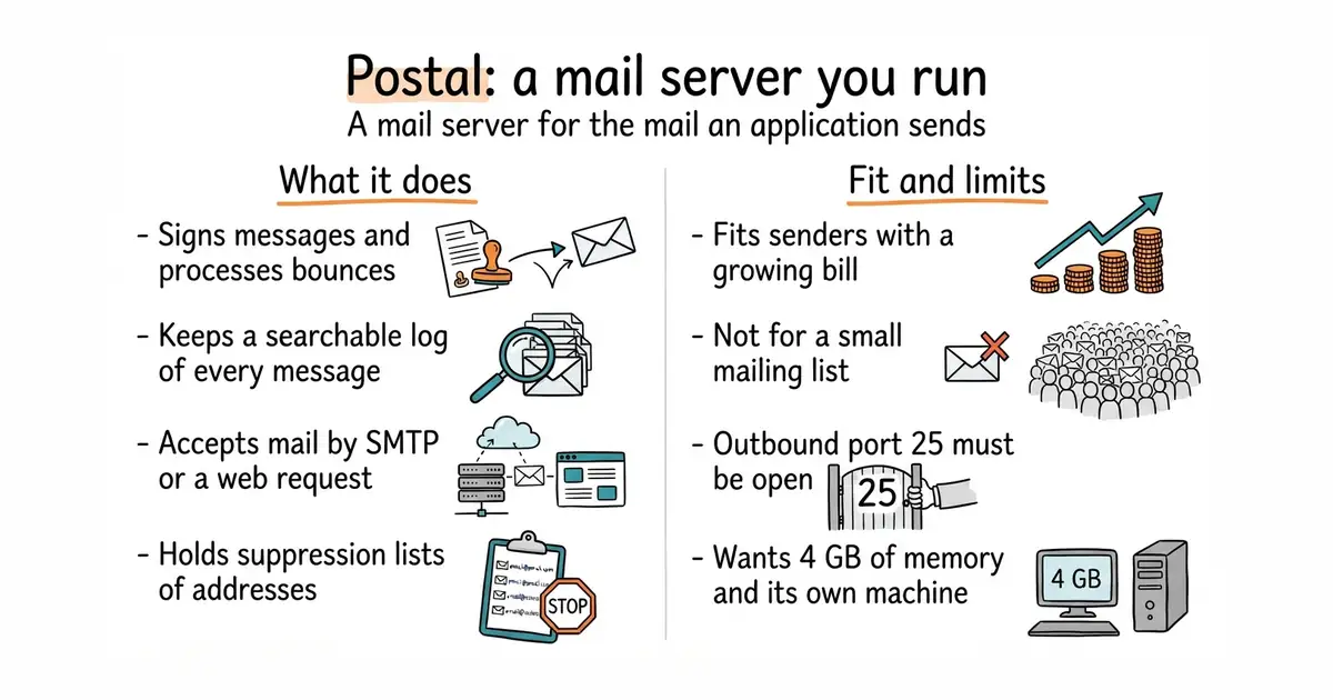 Postal: a mail server you run. A mail server for the mail an application sends.
