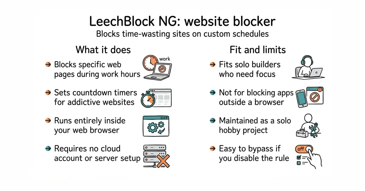 LeechBlock NG: website blocker. Blocks time-wasting sites on custom schedules.