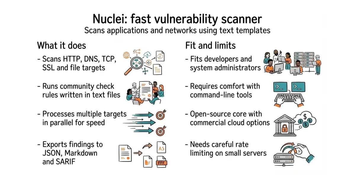 Nuclei: fast vulnerability scanner. Scans applications and networks using text templates.