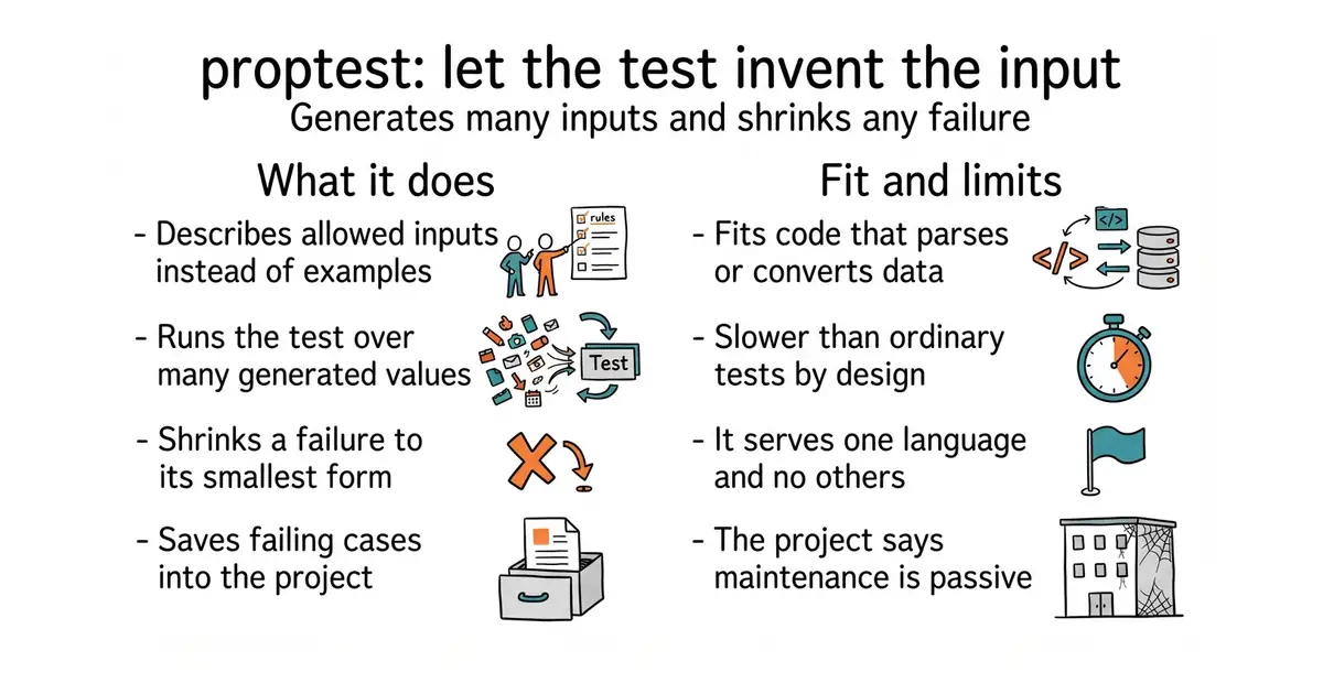 proptest: let the test invent the input. Generates many inputs and shrinks any failure.