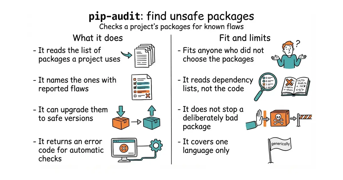 pip-audit: find unsafe packages. Checks a project's packages for known flaws.
