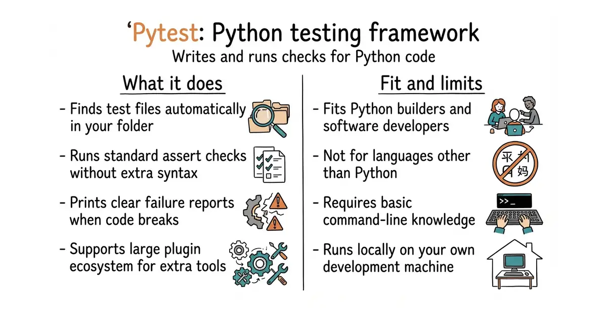 Pytest: Python testing framework. Writes and runs checks for Python code.