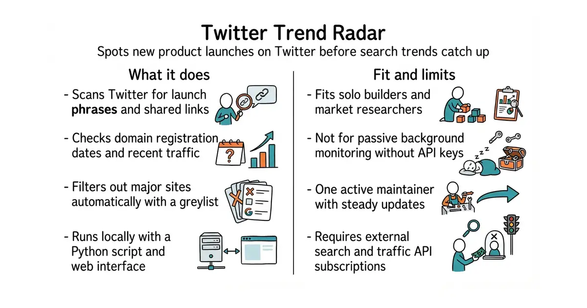 Twitter Trend Radar. Spots new product launches on Twitter before search trends catch up.
