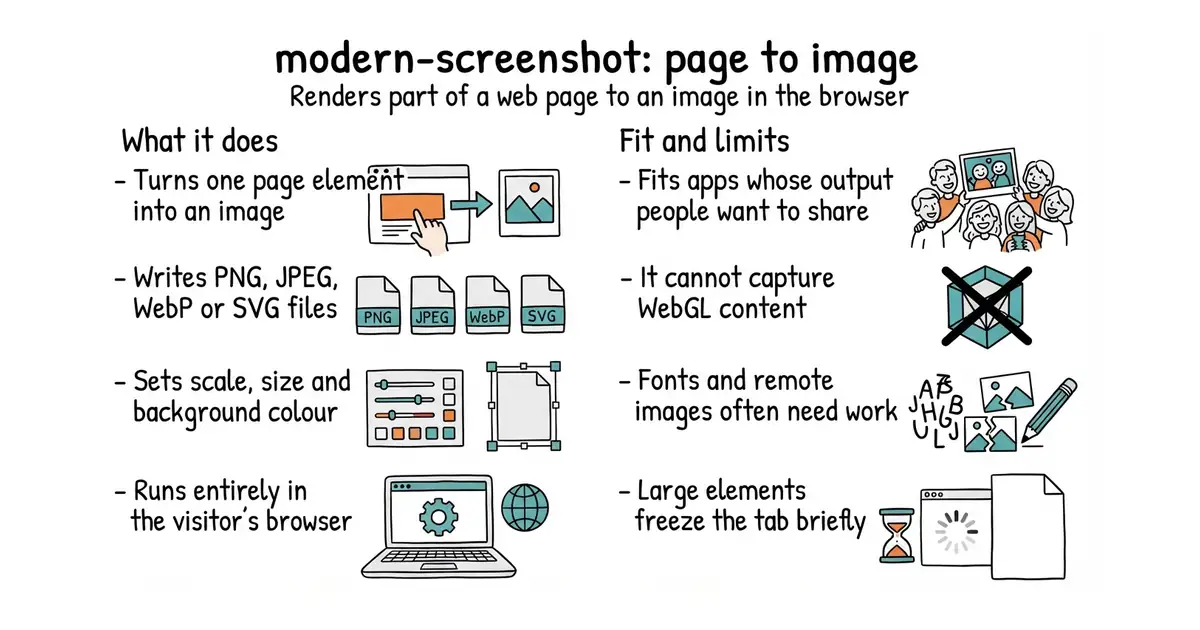 modern-screenshot: page to image. Renders part of a web page to an image in the browser.