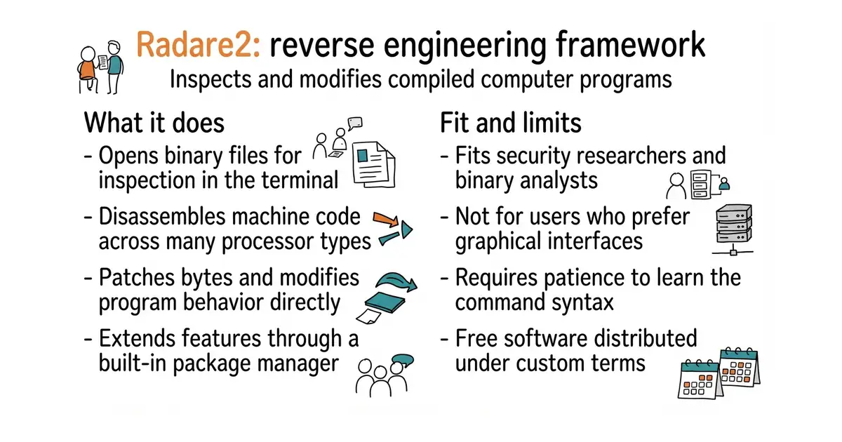 Radare2: reverse engineering framework. Inspects and modifies compiled computer programs.