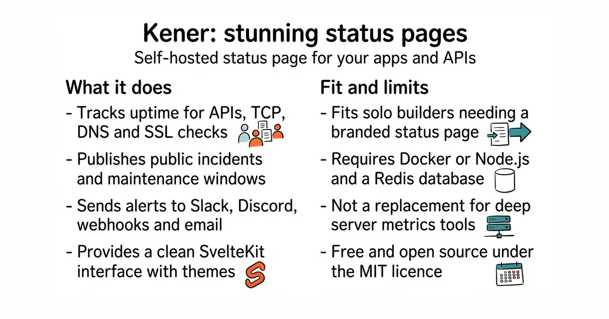 Kener: stunning status pages. Self-hosted status page for your apps and APIs.