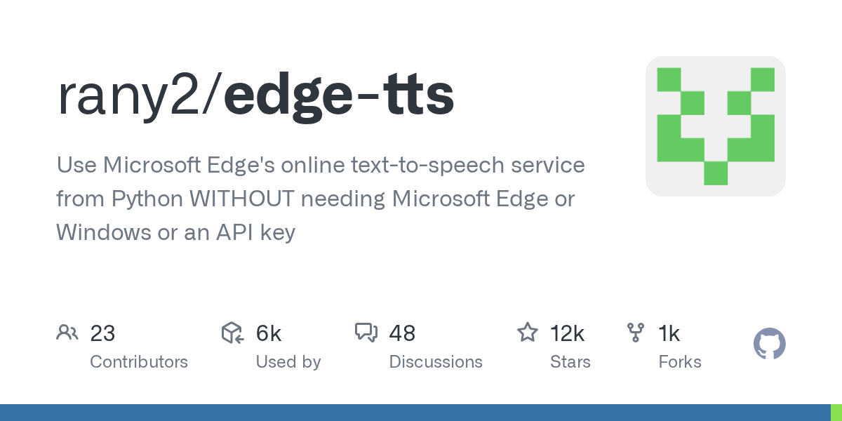 rany2/edge-tts: GitHub preview card