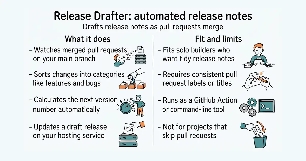 Release Drafter: automated release notes. Drafts release notes as pull requests merge.