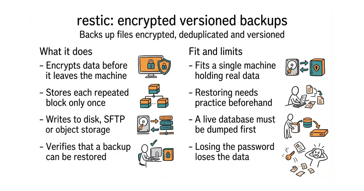 restic: encrypted versioned backups. Backs up files encrypted, deduplicated and versioned.