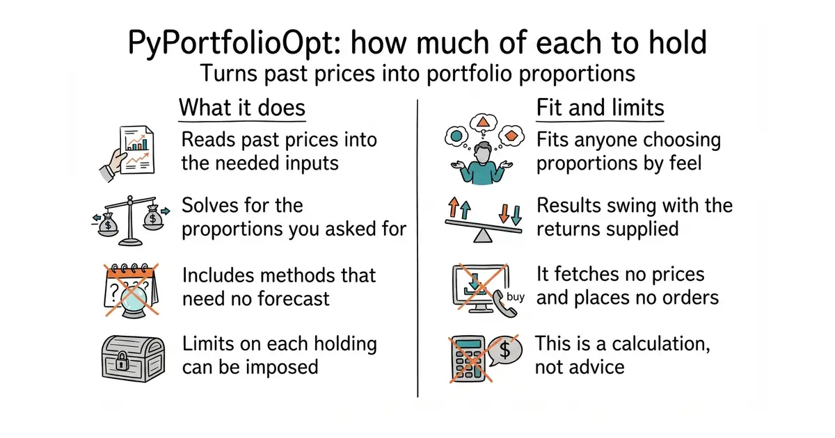 PyPortfolioOpt: how much of each to hold. Turns past prices into portfolio proportions.