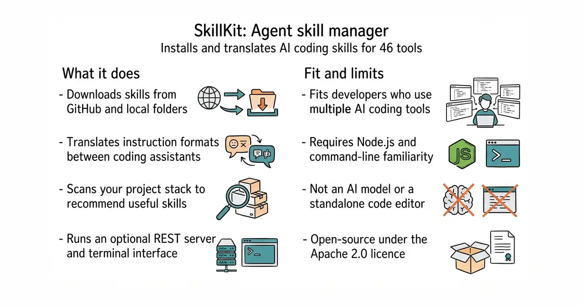 SkillKit: Agent skill manager. Installs and translates AI coding skills for 46 tools.