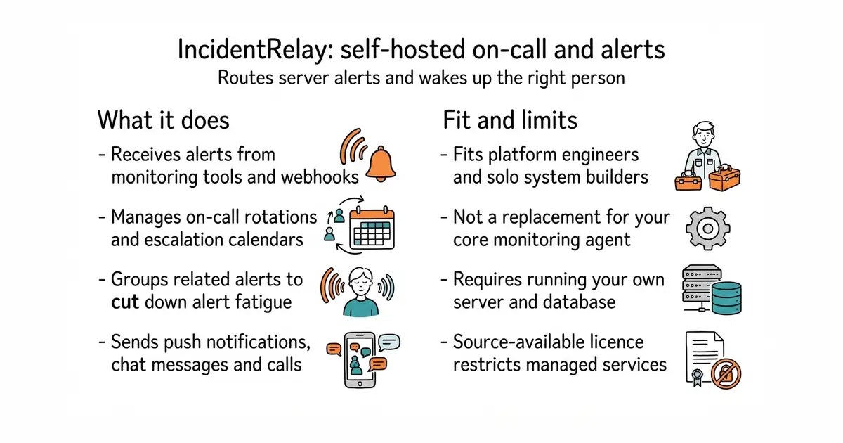 IncidentRelay: self-hosted on-call and alerts. Routes server alerts and wakes up the right person.