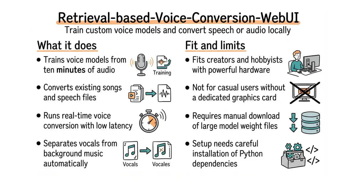 Retrieval-based-Voice-Conversion-WebUI. Train custom voice models and convert speech or audio locally.