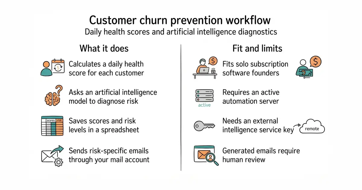 Customer churn prevention workflow. Daily health scores and artificial intelligence diagnostics.