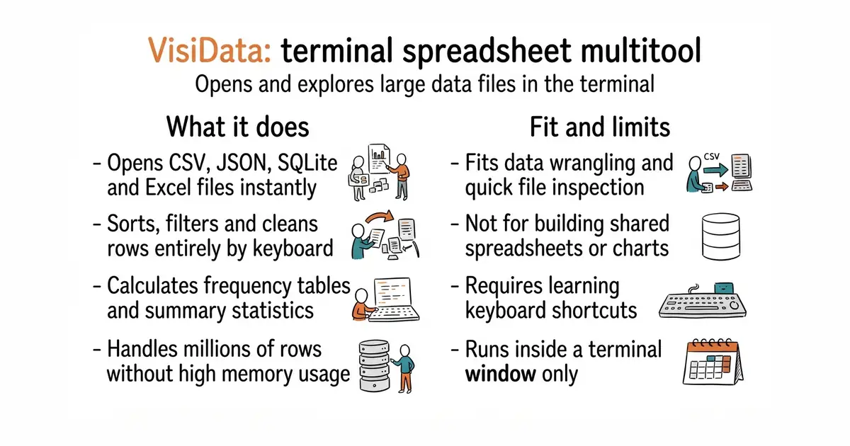 VisiData: terminal spreadsheet multitool. Opens and explores large data files in the terminal.