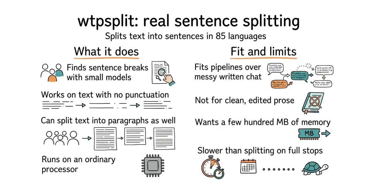 wtpsplit: real sentence splitting. Splits text into sentences in 85 languages.