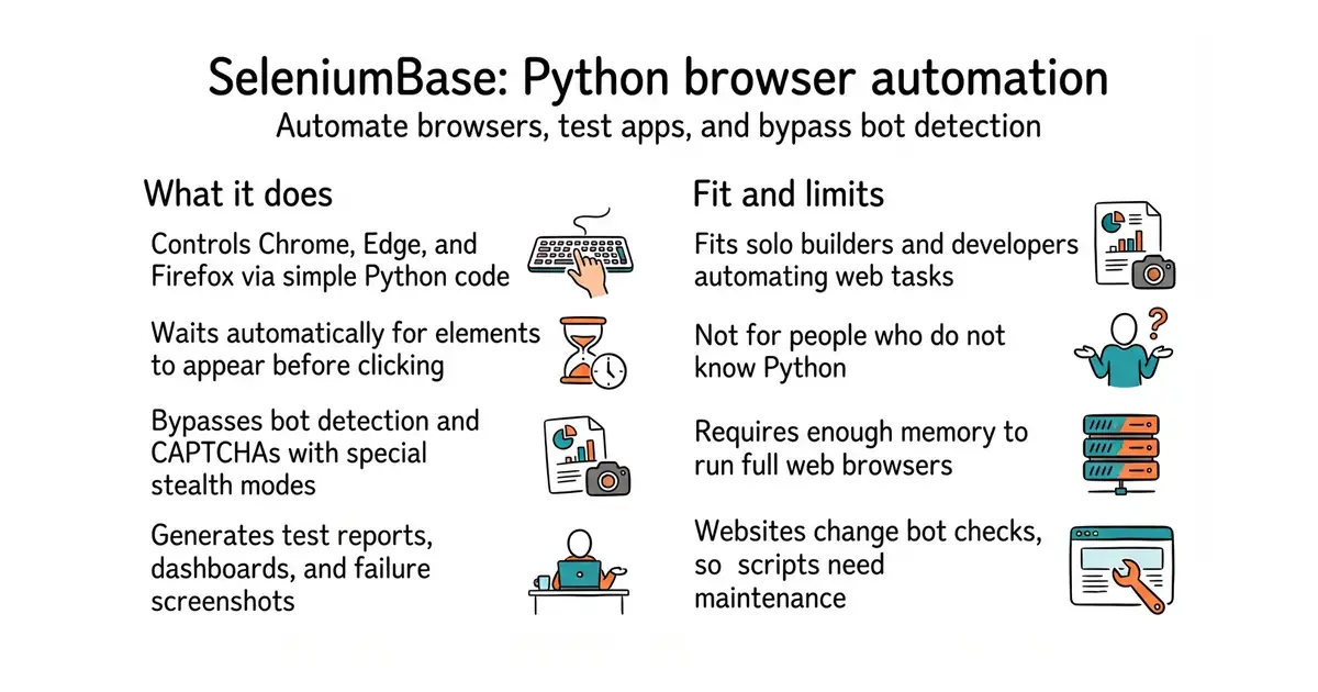 SeleniumBase: Python browser automation. Automate browsers, test apps, and bypass bot detection.