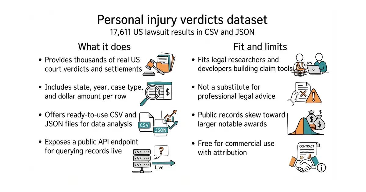 Personal injury verdicts dataset. 17,611 US lawsuit results in CSV and JSON.