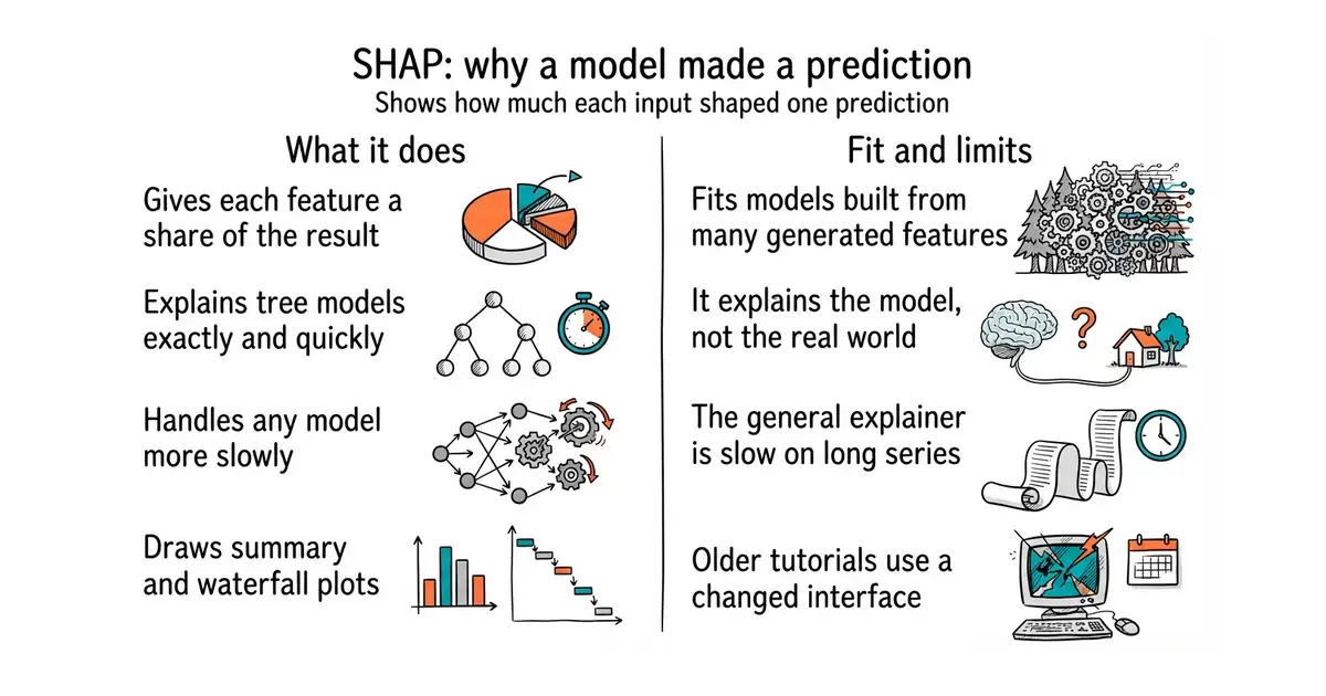 SHAP: why a model made a prediction. Shows how much each input shaped one prediction.